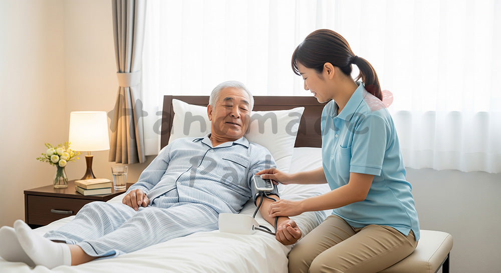 フリー素材 無料 写真|自宅の寝室で介護スタッフ風女性が血圧測定を行う日本人シニア男性 余白あり