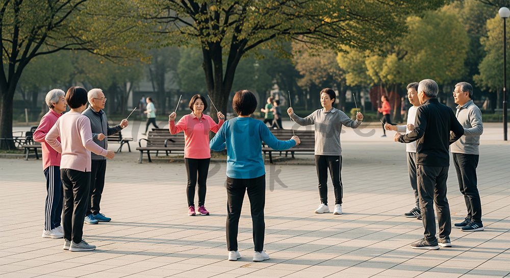 フリー素材 無料 写真|朝の公園で仲間とラジオ体操をする日本人シニアグループ 余白あり