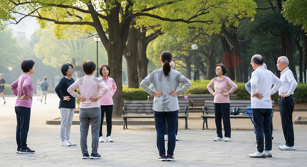 フリー素材 無料 写真|朝の公園で仲間とラジオ体操をする日本人シニアグループ 写真背景