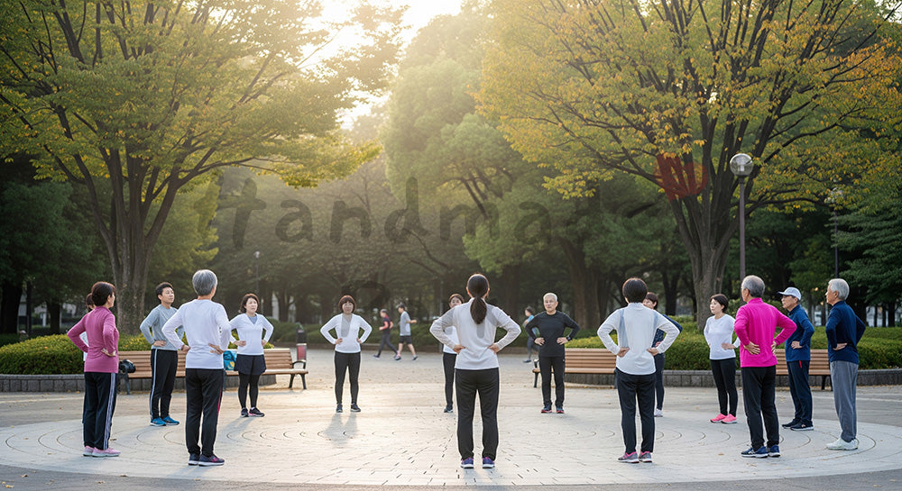 フリー素材 無料 写真|朝の公園で仲間とラジオ体操をする日本人シニアグループ 背景素材