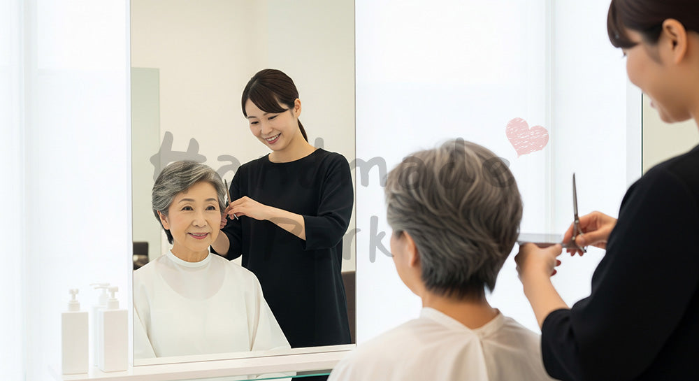 フリー素材 無料 写真|美容室で髪をカットしてもらう日本人シニア女性の身だしなみシーン 写真背景