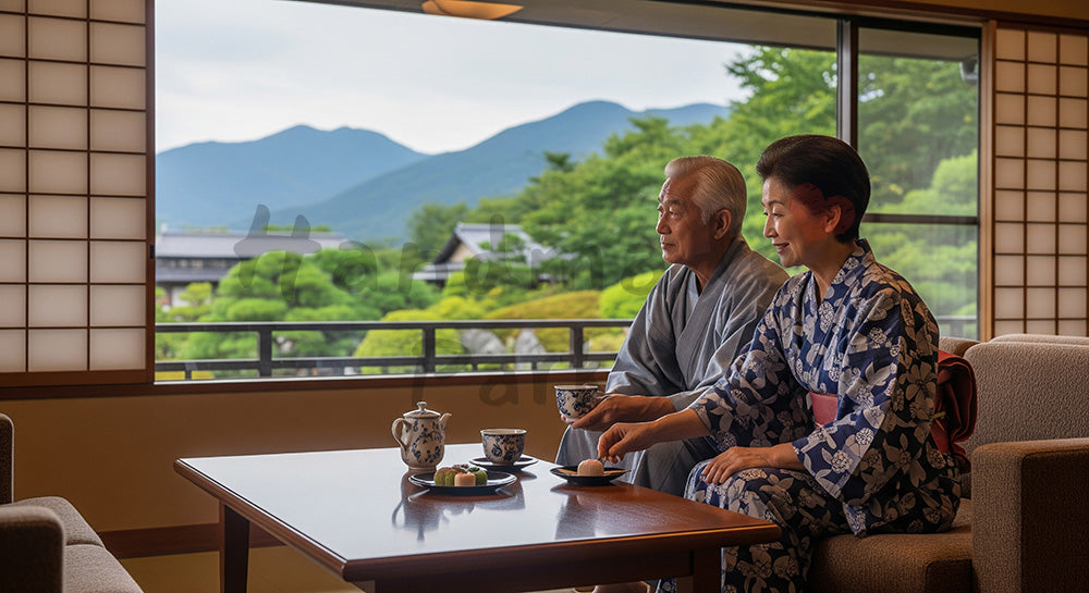 フリー素材 無料 写真|温泉旅館のラウンジで浴衣姿でくつろぐ日本人シニア夫婦 余白あり