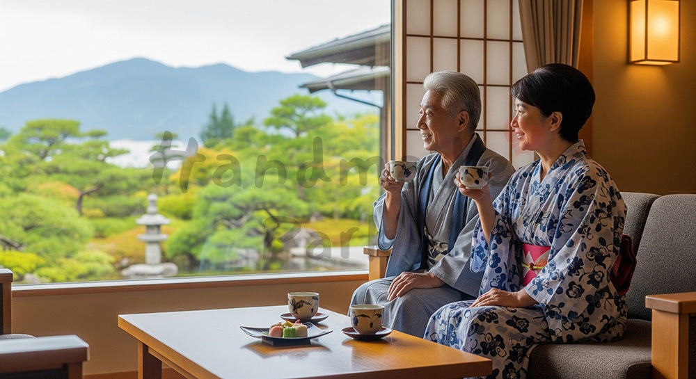 フリー素材 無料 写真|温泉旅館のラウンジで浴衣姿でくつろぐ日本人シニア夫婦