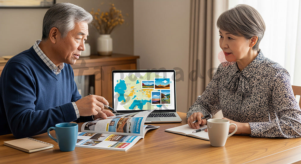 フリー素材 無料 写真|ノートPCとパンフレット風冊子でシニア夫婦が次の旅行計画を立てるシーン 写真背景