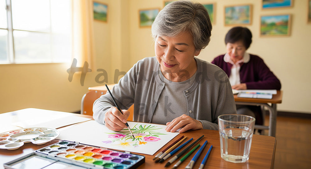 フリー素材 無料 写真|水彩画教室で花の絵を描く日本人シニア女性のカルチャースクールシーン 余白あり