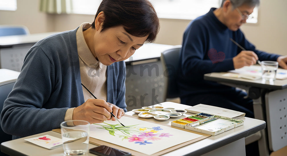 フリー素材 無料 写真|水彩画教室で花の絵を描く日本人シニア女性のカルチャースクールシーン 背景素材