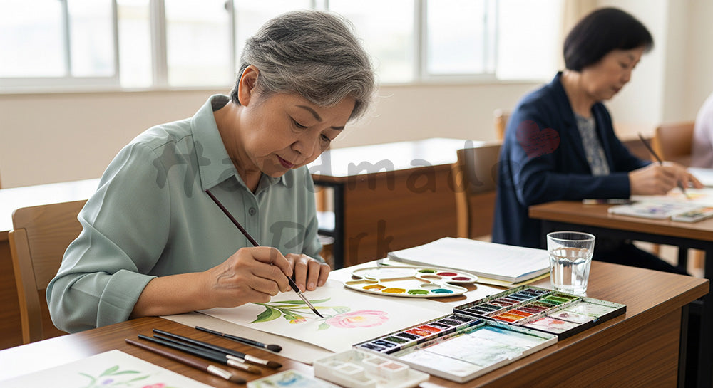 フリー素材 無料 写真|水彩画教室で花の絵を描く日本人シニア女性のカルチャースクールシーン