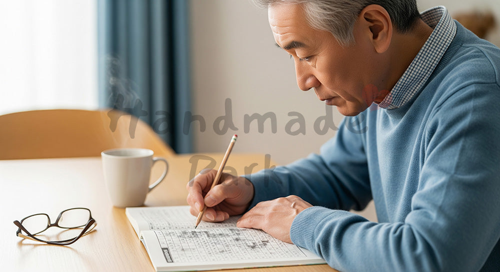 フリー素材 無料 写真|数字パズル風の脳トレ問題集に取り組む日本人シニア男性 写真背景