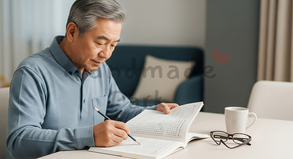 フリー素材 無料 写真|数字パズル風の脳トレ問題集に取り組む日本人シニア男性 背景素材