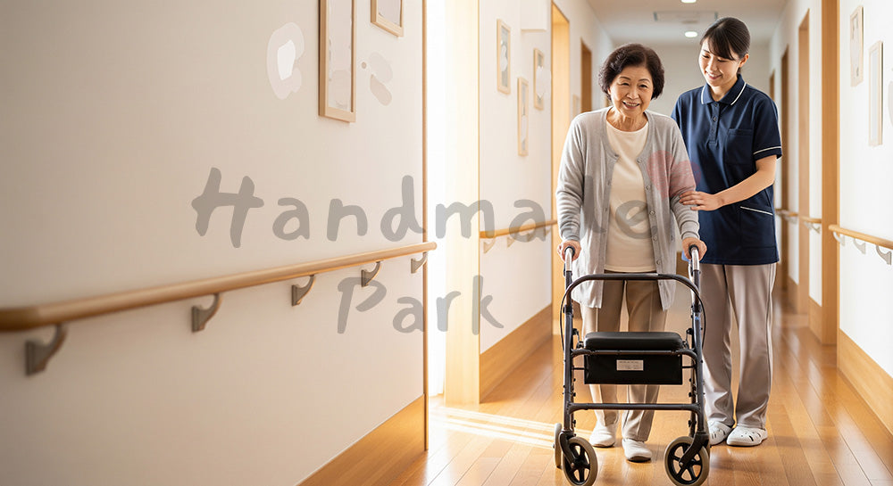フリー素材 無料 写真|歩行器と手すりを使って廊下で歩行練習をする日本人シニア女性と介護スタッフ風女性 余白あり
