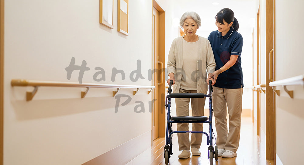 フリー素材 無料 写真|歩行器と手すりを使って廊下で歩行練習をする日本人シニア女性と介護スタッフ風女性 背景素材
