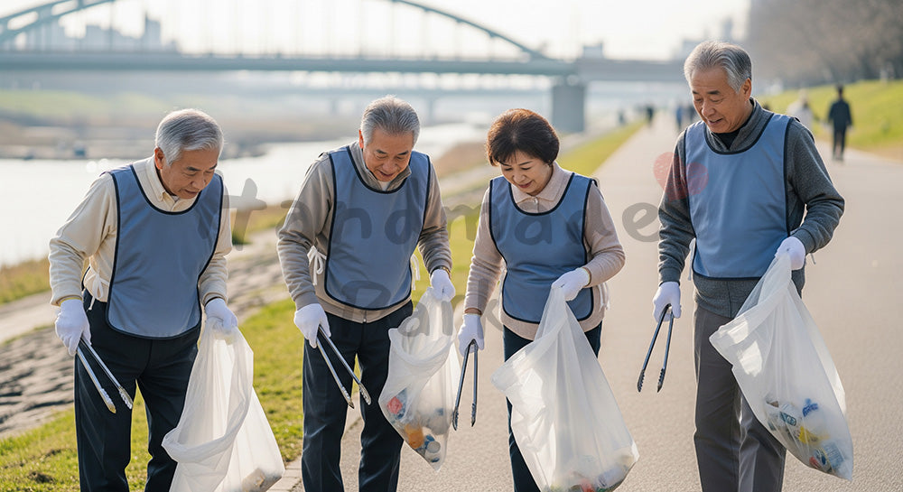 フリー素材 無料 写真|河川敷で無地ビブスを着てごみ拾いボランティアをする日本人シニアたち 写真背景