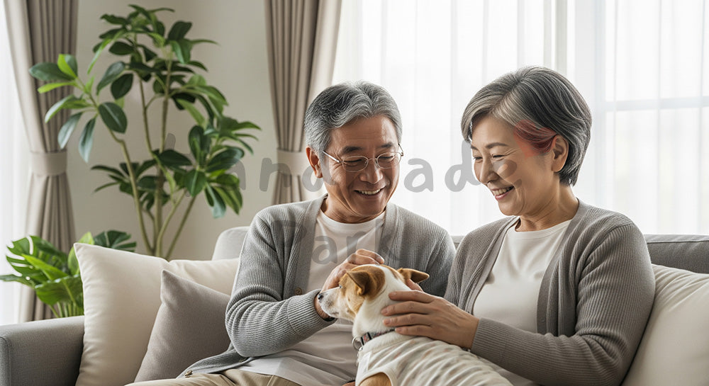 フリー素材 無料 写真|小型犬と一緒にソファでくつろぐ日本人シニア夫婦のペットとの暮らし 背景素材