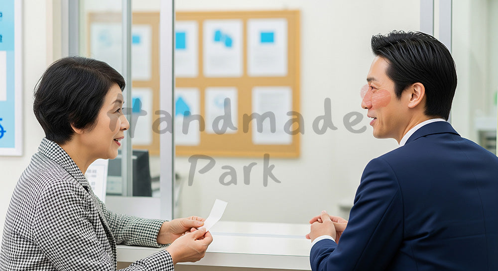 フリー素材 無料 写真|市役所風窓口で介護保険や福祉サービスについて相談する日本人シニア女性 写真背景