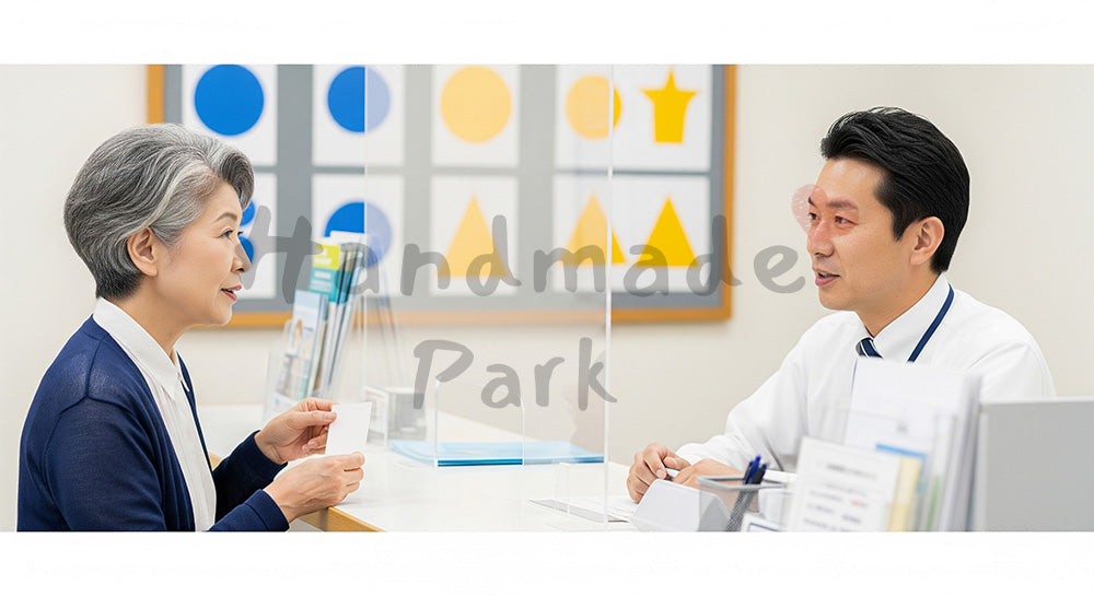 フリー素材 無料 写真|市役所風窓口で介護保険や福祉サービスについて相談する日本人シニア女性 背景素材