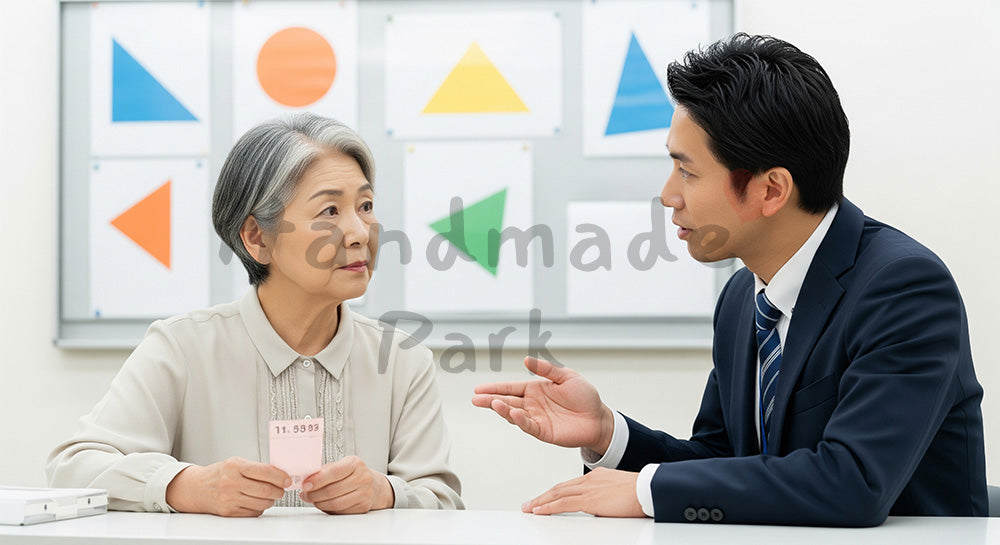 フリー素材 無料 写真|市役所風窓口で介護保険や福祉サービスについて相談する日本人シニア女性