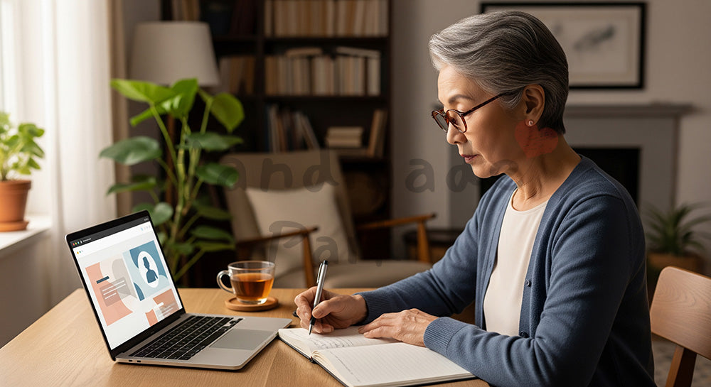 フリー素材 無料 写真|ノートPCでオンライン講座を受講しメモを取る日本人シニア女性 背景素材