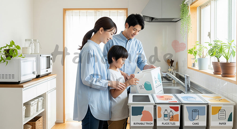 フリー素材 無料 写真|家庭のキッチンでゴミを分別する日本人家族のエコライフ 写真背景