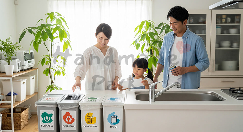 フリー素材 無料 写真|家庭のキッチンでゴミを分別する日本人家族のエコライフ 背景素材