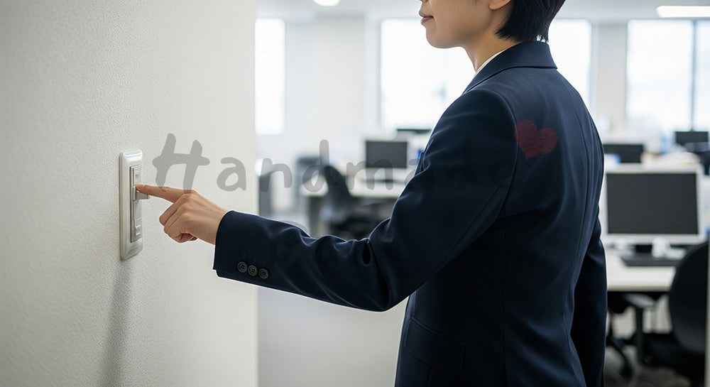 フリー素材 無料 写真|退室時にオフィスの照明を消す日本人ビジネスパーソンの省エネシーン 写真背景