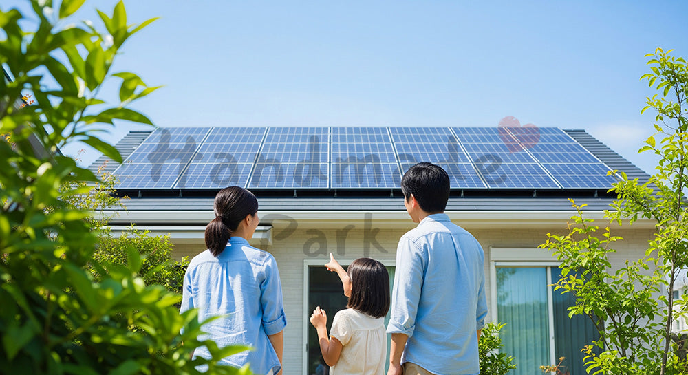 フリー素材 無料 写真|ソーラーパネル付き住宅を見上げる日本人家族のエコ住宅シーン 余白あり