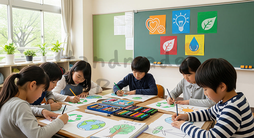 フリー素材 無料 写真|環境やリサイクルをテーマにしたワークシートに取り組む日本人小学生たち 余白あり