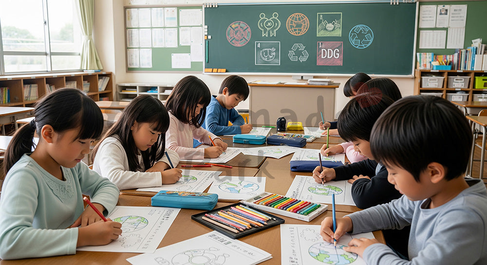 フリー素材 無料 写真|環境やリサイクルをテーマにしたワークシートに取り組む日本人小学生たち 背景素材