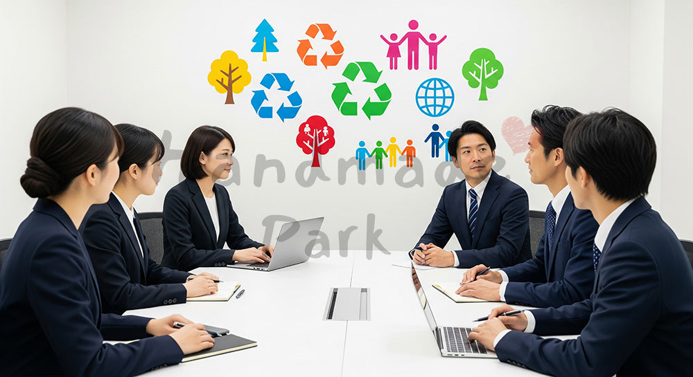 フリー素材 無料 写真|環境や社会課題についてディスカッションする日本人ビジネスパーソンのSDGs会議シーン 写真背景