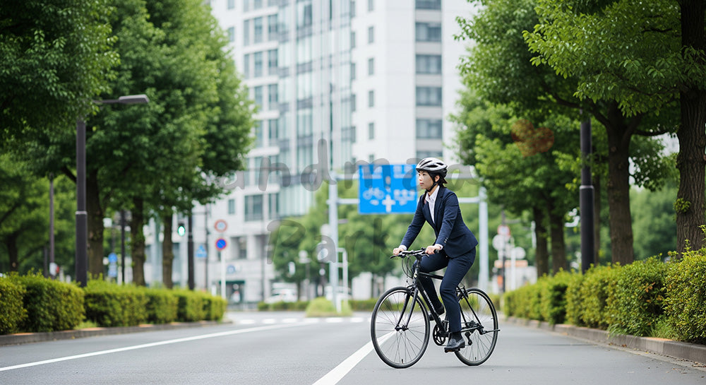 フリー素材 無料 写真|自転車専用レーンをクロスバイクで通勤する日本人ビジネスパーソン 余白あり