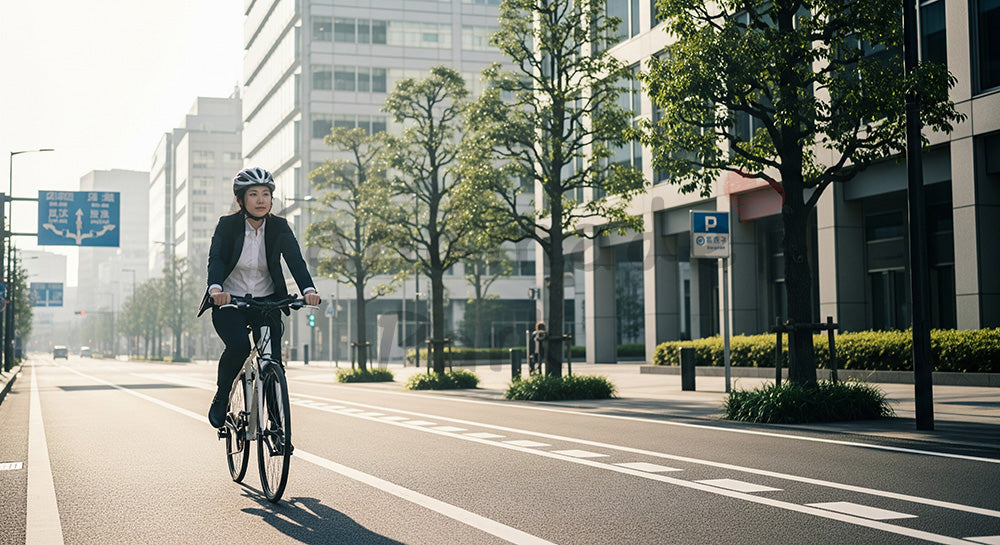 フリー素材 無料 写真|自転車専用レーンをクロスバイクで通勤する日本人ビジネスパーソン 背景素材