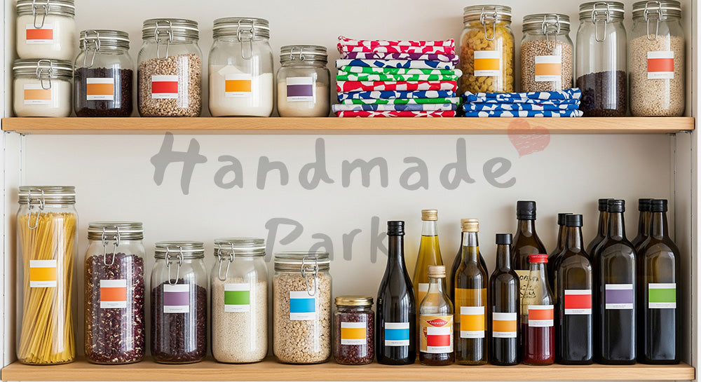 フリー素材 無料 写真|ガラス保存容器と布ラップが整然と並ぶ日本のゼロウェイストキッチン 背景素材