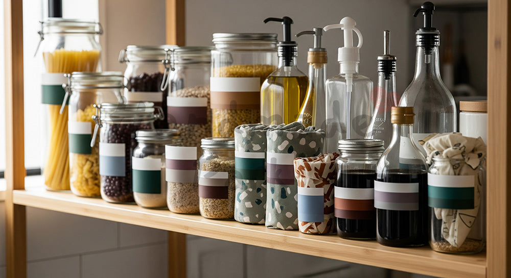 フリー素材 無料 写真|ガラス保存容器と布ラップが整然と並ぶ日本のゼロウェイストキッチン