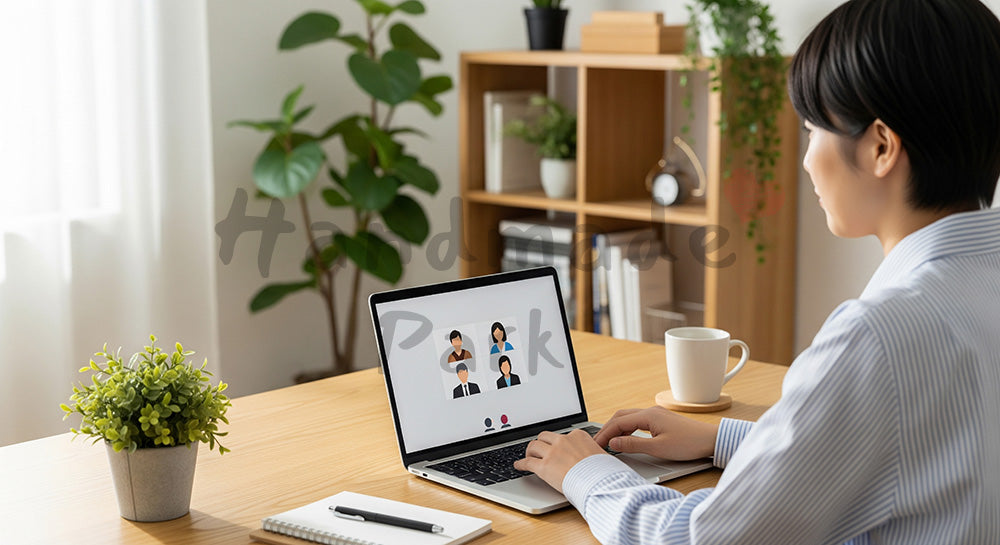 フリー素材 無料 写真|自宅ワークスペースでオンライン会議に参加する日本人ビジネスパーソン 余白あり