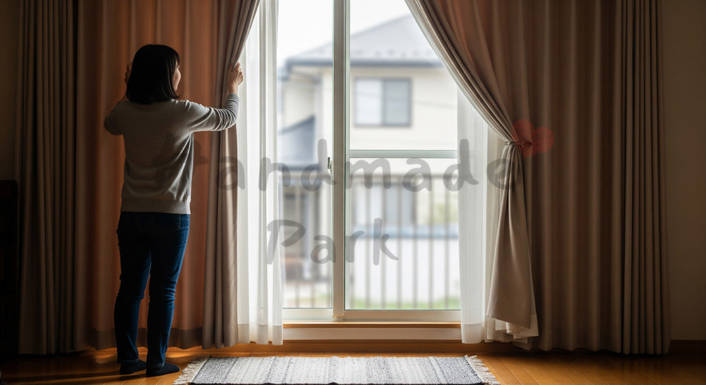 フリー素材 無料 写真|断熱カーテンを閉めて暖房効率を高める日本人女性の冬の省エネシーン 背景素材
