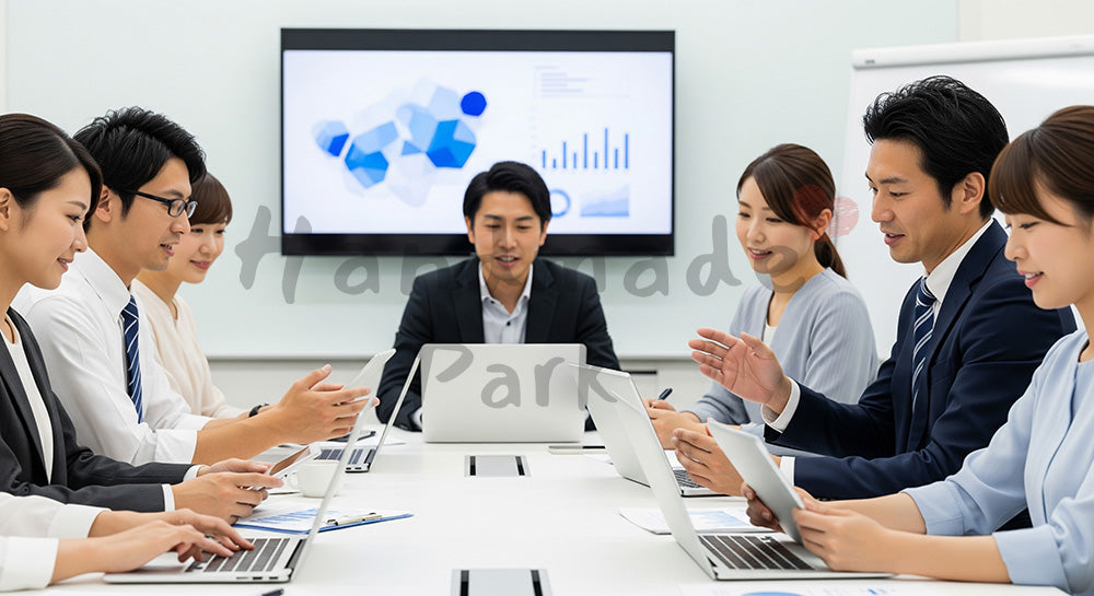 フリー素材 無料 写真|ノートPCとタブレット中心のペーパーレス会議を行う日本人ビジネスパーソン 写真背景