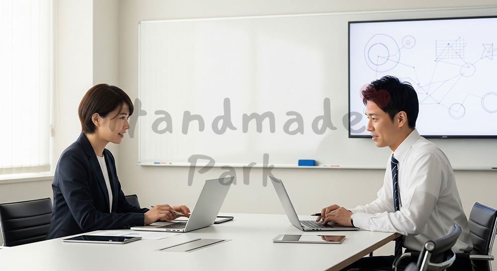 フリー素材 無料 写真|ノートPCとタブレット中心のペーパーレス会議を行う日本人ビジネスパーソン