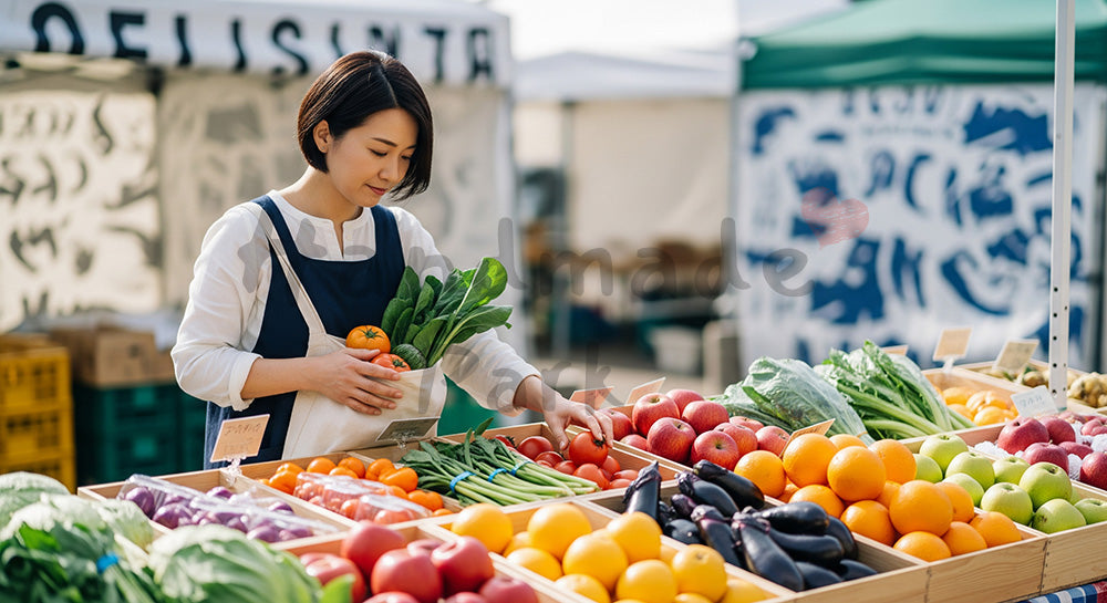 フリー素材 無料 写真|ローカルマルシェで旬の野菜をエコバッグに詰める日本人女性 余白あり