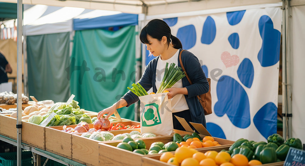 フリー素材 無料 写真|ローカルマルシェで旬の野菜をエコバッグに詰める日本人女性 写真背景