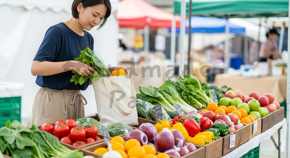 フリー素材 無料 写真|ローカルマルシェで旬の野菜をエコバッグに詰める日本人女性 背景素材