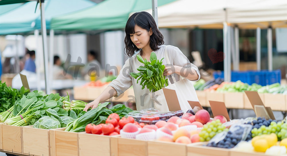 フリー素材 無料 写真|ローカルマルシェで旬の野菜をエコバッグに詰める日本人女性