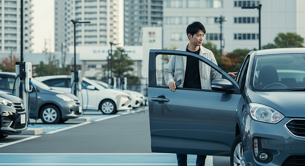 フリー素材 無料 写真|カーシェアリングで電気自動車を利用する日本人男性のエコモビリティシーン 写真背景
