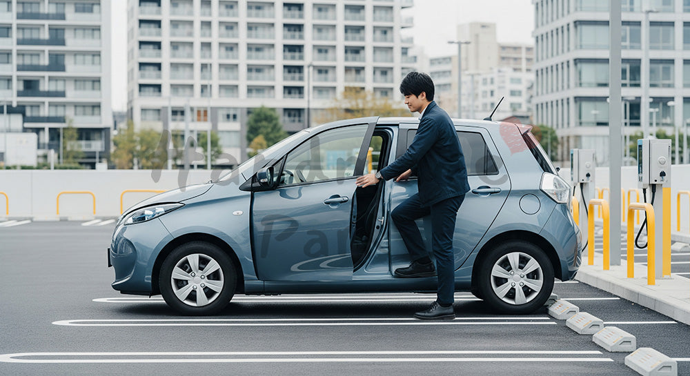 フリー素材 無料 写真|カーシェアリングで電気自動車を利用する日本人男性のエコモビリティシーン 背景素材