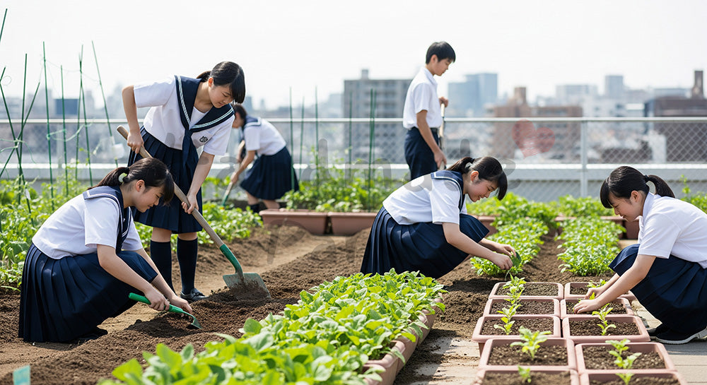 フリー素材 無料 写真|屋上菜園で土いじりをする日本人中学生たちの環境学習シーン 写真背景