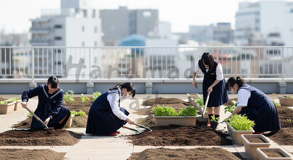 フリー素材 無料 写真|屋上菜園で土いじりをする日本人中学生たちの環境学習シーン 背景素材