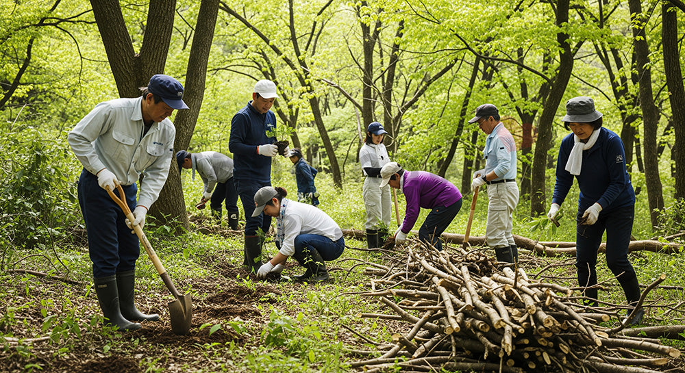 フリー素材 無料 写真|里山で森林保全ボランティア活動を行う日本人たち 写真背景