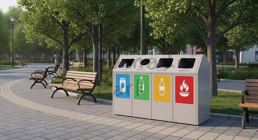 フリー素材 無料 写真|分別ごみ箱が整然と並ぶ日本の都市公園のクリーンな風景 写真背景