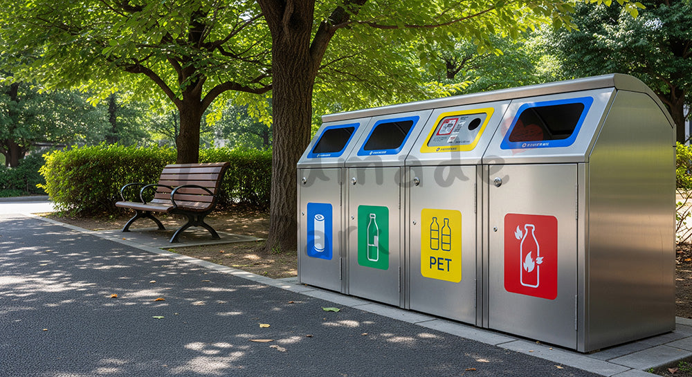 フリー素材 無料 写真|分別ごみ箱が整然と並ぶ日本の都市公園のクリーンな風景