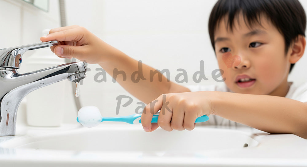 フリー素材 無料 写真|歯みがき中に蛇口をこまめに閉める日本人少年の節水習慣 背景素材