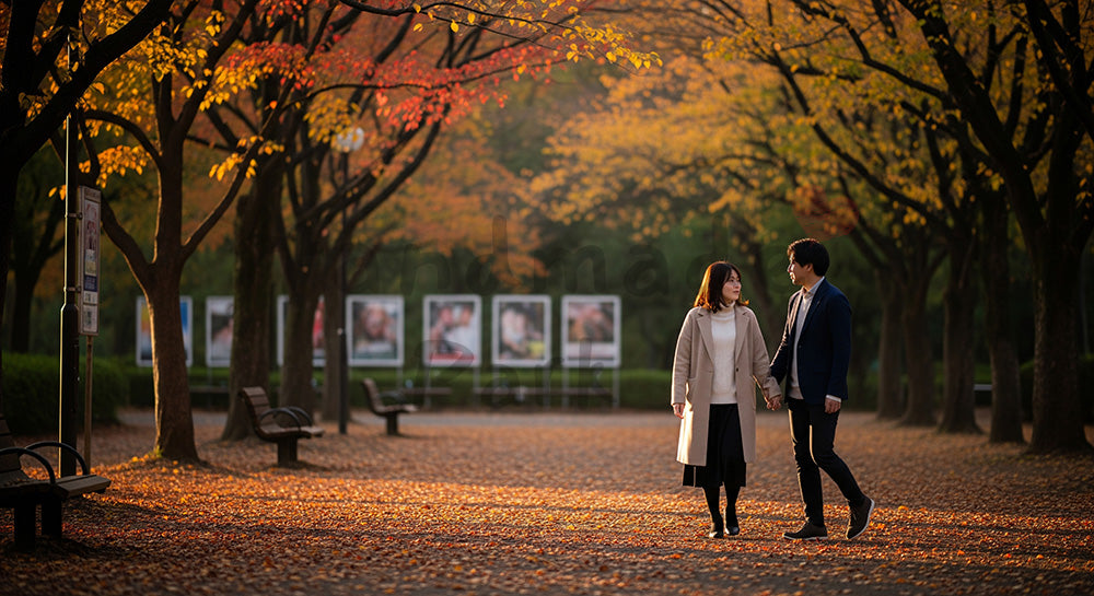 フリー素材 無料 写真|秋の公園を並んで散歩する日本人カップル