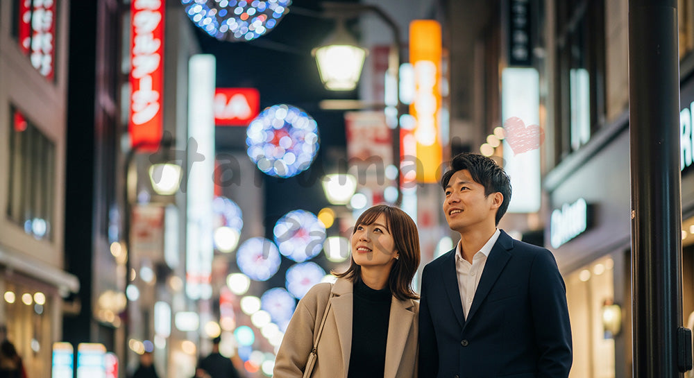 フリー素材 無料 写真|夜のイルミネーションを見上げる日本人カップルのデート風景 余白あり